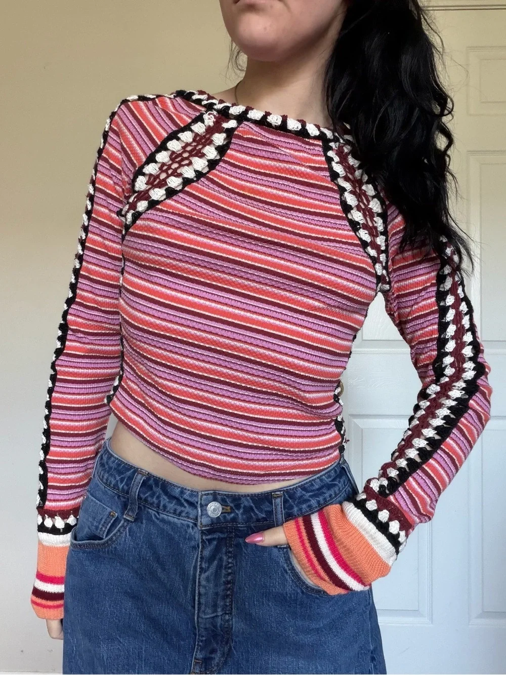 Free People Striped Orange & Black Long-Sleeve Knit Top xs